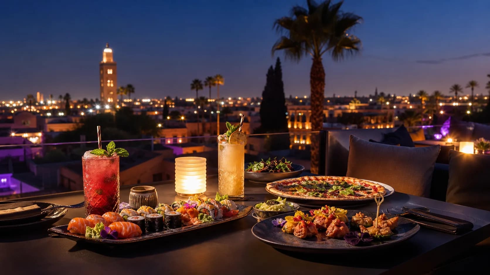 Guests dining on a Marrakech rooftop terrace at golden hour